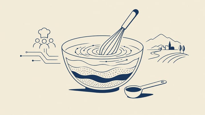 회로 같은 물결이 담긴 큰 믹싱볼과 옆의 계량스푼을 그린 추상 일러스트