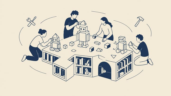 도서관 평면을 닮은 작업대 위에 블록과 도구가 놓인 추상 일러스트