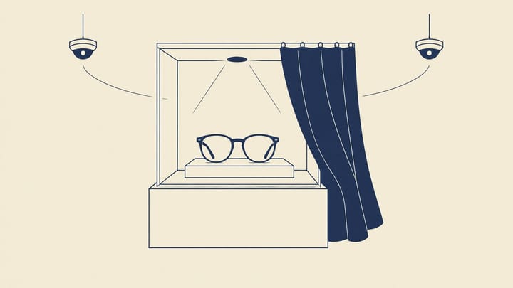 반쯤 닫힌 커튼 속 유리 진열장에 놓인 단순한 안경 추상 일러스트