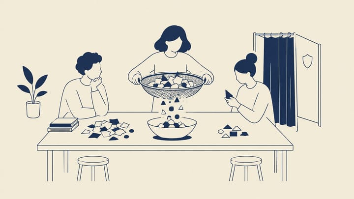 체 위의 종이 조각이 그릇으로 걸러지고 옆에 작은 커튼이 놓인 추상 일러스트