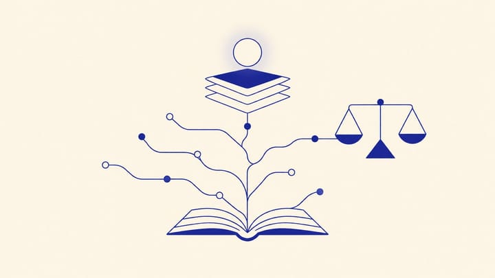 펼친 책과 갈라진 점선 길, 균형 잡힌 기하 도형과 빛 원이 있는 추상 일러스트