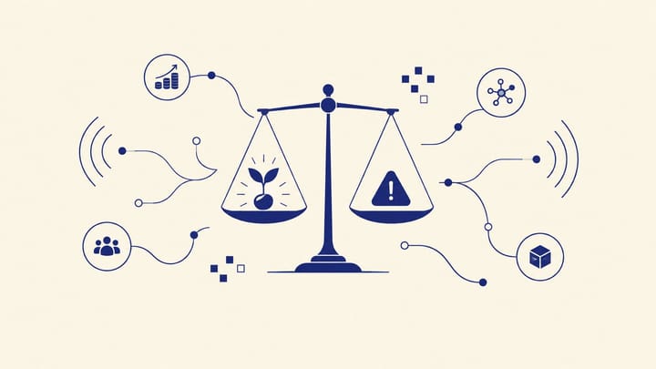 저울 위 빛나는 씨앗과 그림자, 주변의 가지형 노드와 파동 타일 추상 일러스트