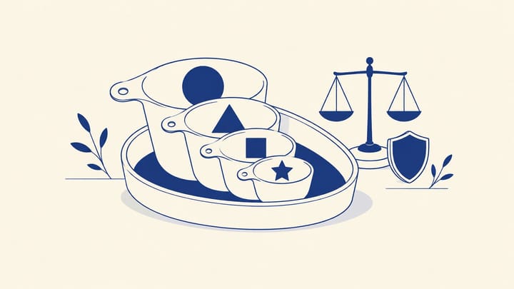 얕은 쟁반 위에 크기별 계량컵과 작은 저울이 놓인 미니멀 듀오톤 추상 일러스트