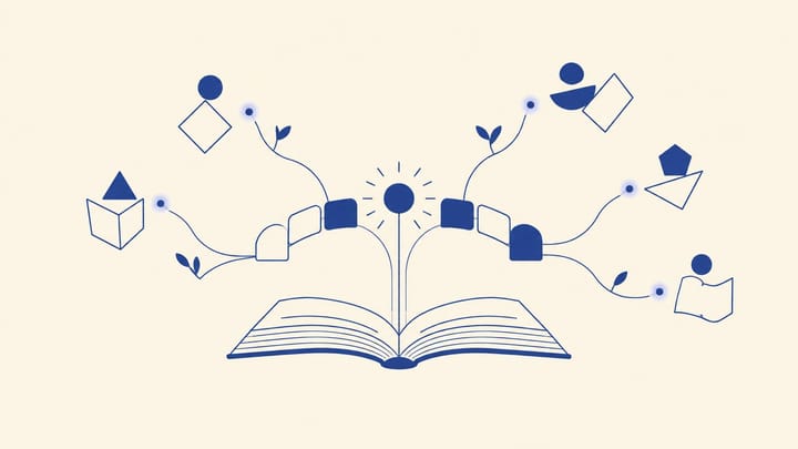 펼친 책과 둥근 다리, 빛나는 점들이 여러 종이 모양을 잇는 추상 일러스트