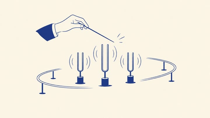 조율봉과 여러 개의 추상 음차, 곡선 레일이 함께 배치된 추상 일러스트