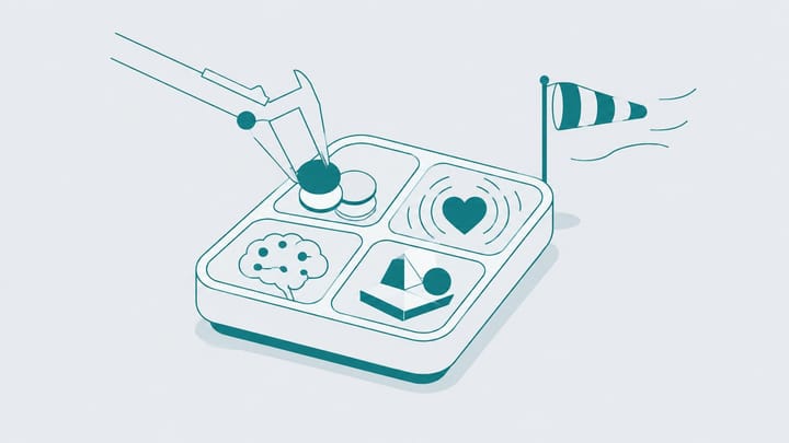 네 칸 도시락 판 위 추상 도형을 캘리퍼스로 조정하는 미니멀 듀오톤 추상 일러스트