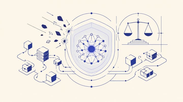 AI 보안, 에이전트 인프라, AI 규제를 상징하는 라인 일러스트