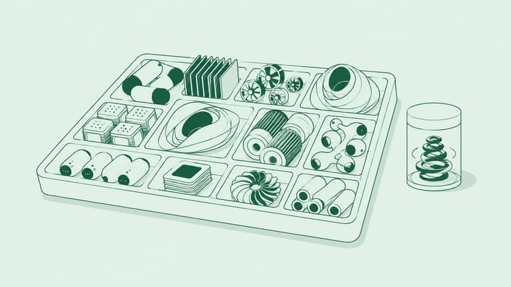 여러 기계 부품이 분류 쟁반에 놓이고 작은 병 속 나선 부품이 보이는 추상 일러스트
