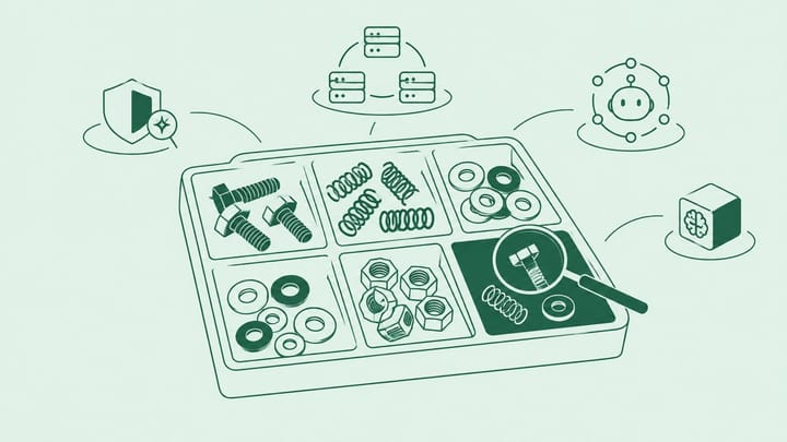 칸이 나뉜 정비공 쟁반에 부품들이 정리되고 확대경이 놓인 추상 일러스트