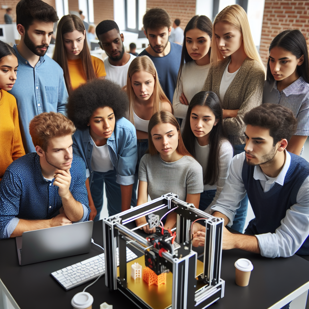 Students collaborating around a 3D printer.