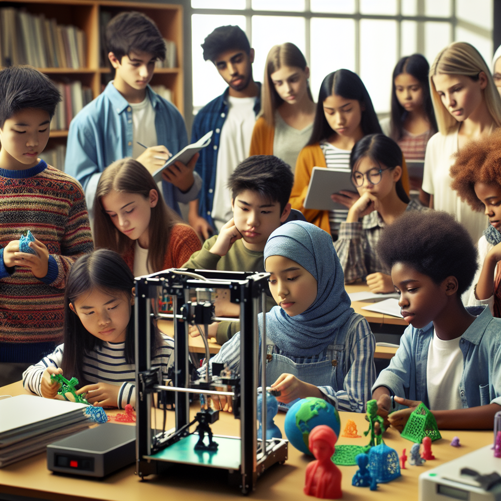 Students engaging with 3D printers in classroom.